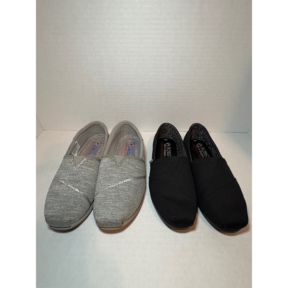 Skechers BOBS Womens Slip‎ On Flats Bundle Black Canvas Grey Glitter Size 6